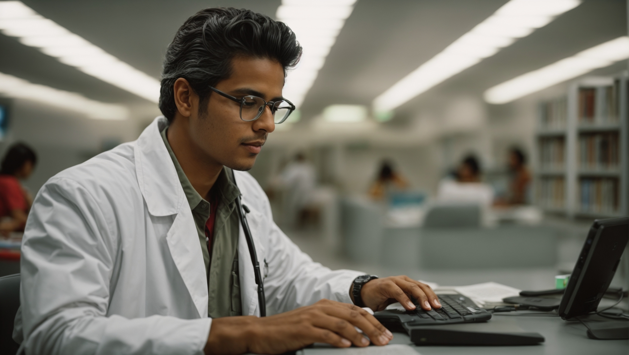 medico estudando na biblioteca